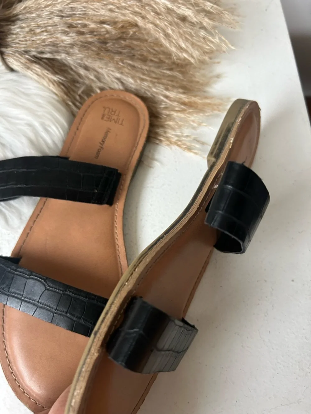 Time and Tru Black Croc-Embossed Double Strap Slide Sandals with Tan Footbed 8
